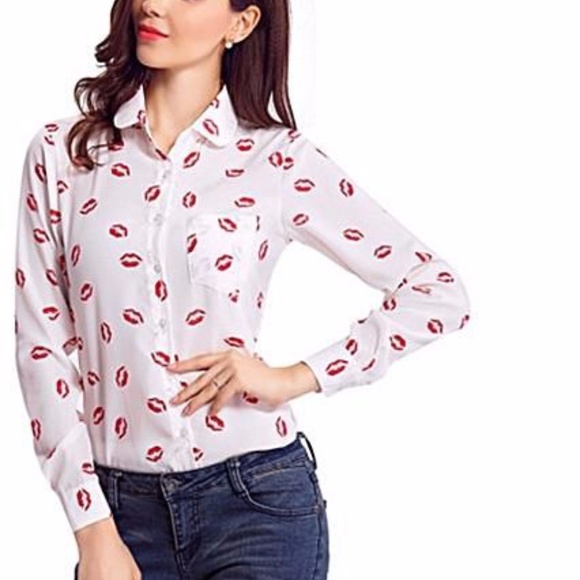 Red Lips Button Blouse, Silky Fabric material. - Picture 2 of 6